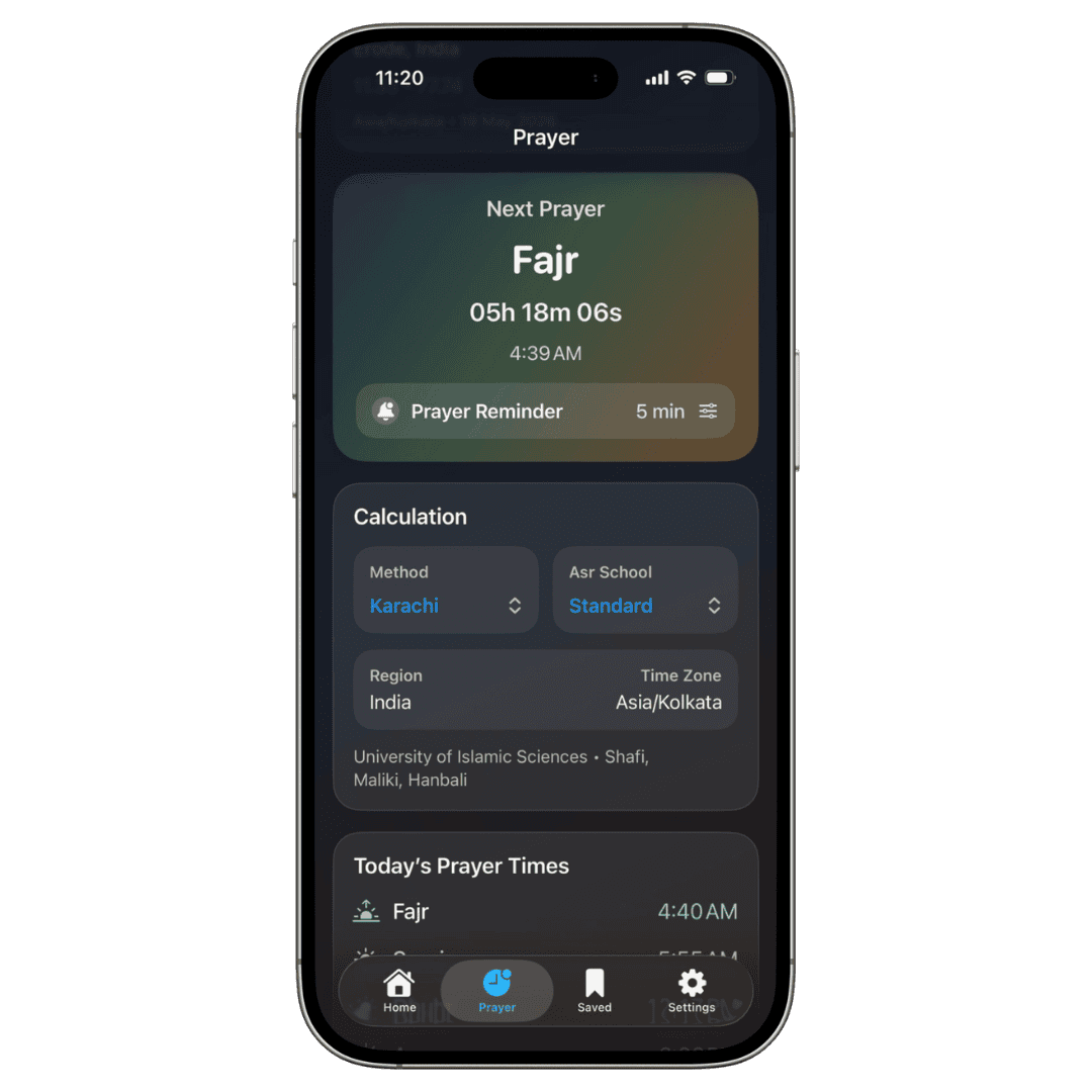 Prayer times tracking in Dua app