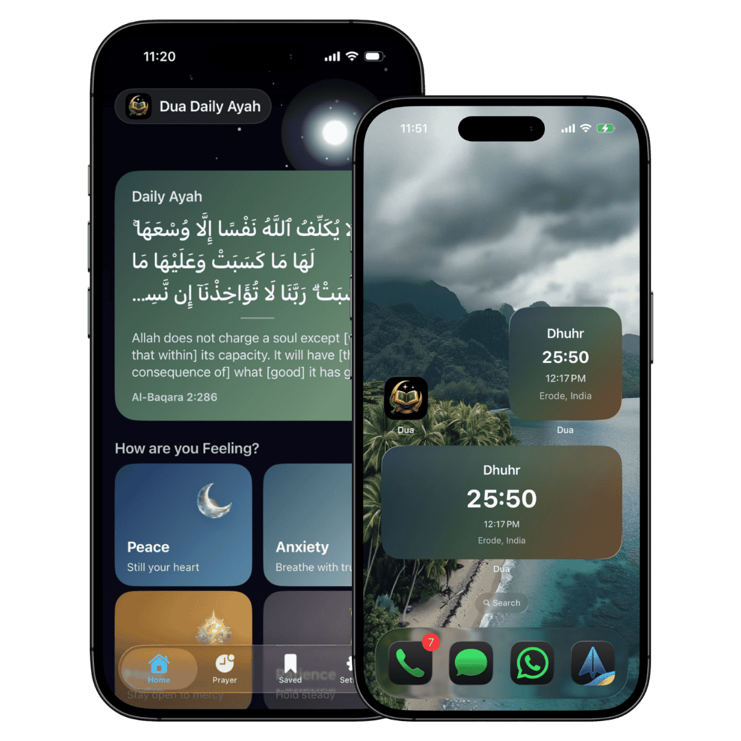 Dua App interface showing daily ayah and prayer times
